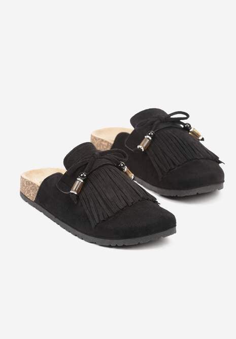 Czarne Boho Klapki Mule z Imitacji Zamszu z Frędzlami i Koralikami Elwedila 5