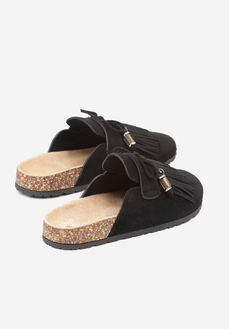 Czarne Boho Klapki Mule z Imitacji Zamszu z Frędzlami i Koralikami Elwedila 6