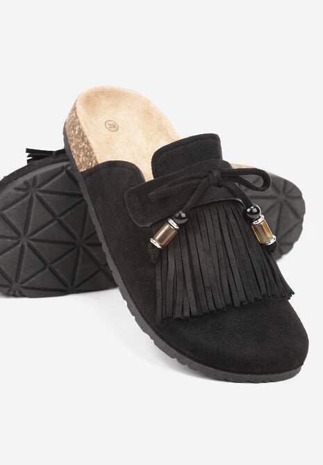 Czarne Boho Klapki Mule z Imitacji Zamszu z Frędzlami i Koralikami Elwedila 7