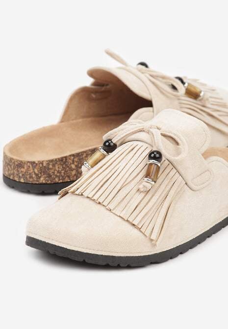 Beżowe Boho Klapki Mule z Imitacji Zamszu z Frędzlami i Koralikami Elwedila 7