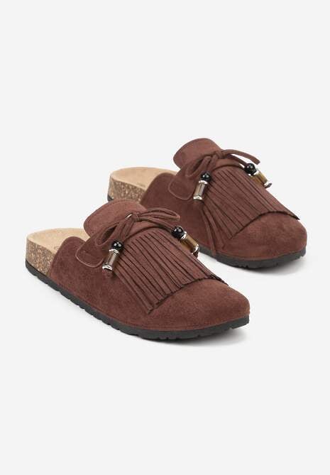 Brązowe Boho Klapki Mule z Imitacji Zamszu z Frędzlami i Koralikami Elwedila 5