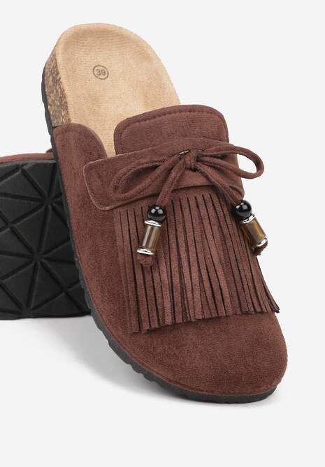 Brązowe Boho Klapki Mule z Imitacji Zamszu z Frędzlami i Koralikami Elwedila 6