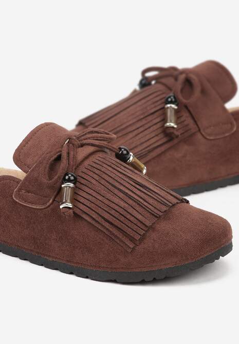 Brązowe Boho Klapki Mule z Imitacji Zamszu z Frędzlami i Koralikami Elwedila 7