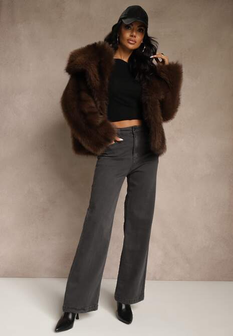 Ciemnoszare Jeansy High Waist z Szerokimi Nogawkami Vetimira