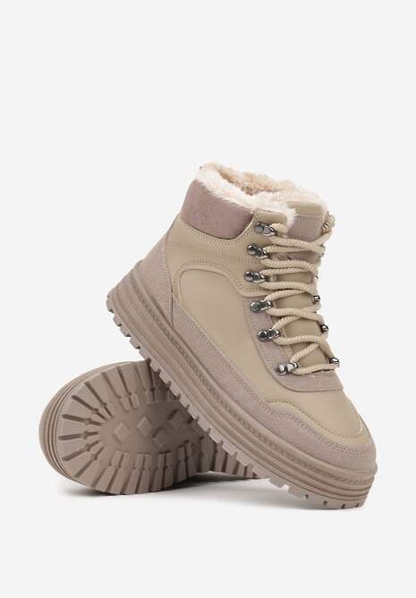 Ciemnobeżowe Sneakersy w Stylu Traperów na Platformie Ewedora 5