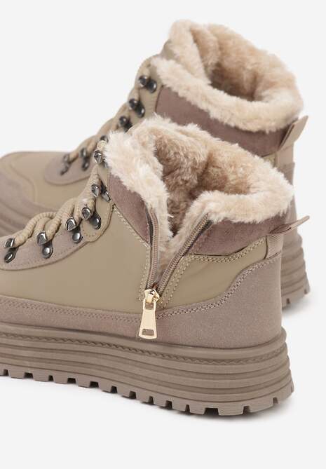 Ciemnobeżowe Sneakersy w Stylu Traperów na Platformie Ewedora 7