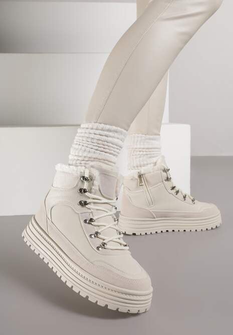 Beżowe Sneakersy w Stylu Traperów na Platformie Ewedora