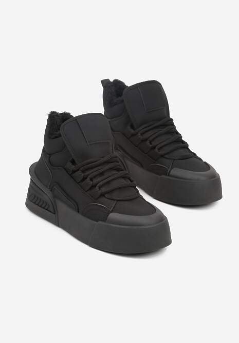 Czarne Sneakersy z Ociepleniem na Platformie z Tłoczeniem Newedela 5