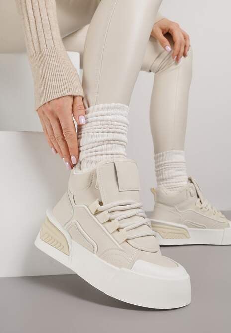 Beżowe Sneakersy z Ociepleniem na Platformie z Tłoczeniem Newedela