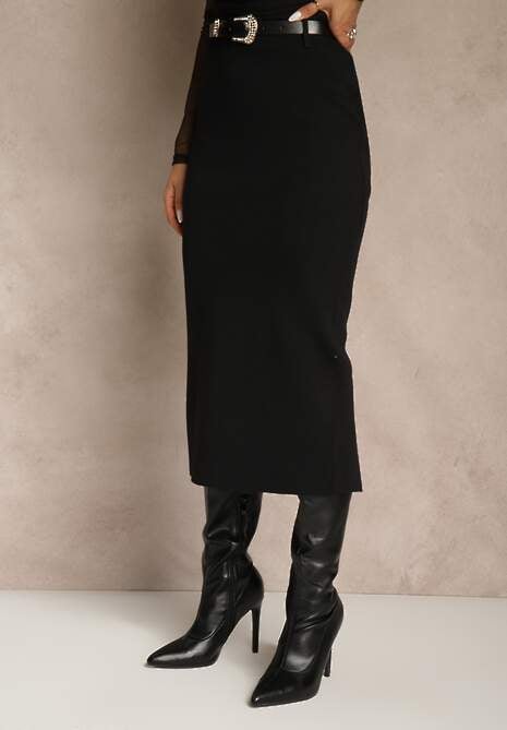 Czarna Spódnica o Ołówkowym Kroju z Wiskozą z Paskiem i Rozcięciem Saweda 4