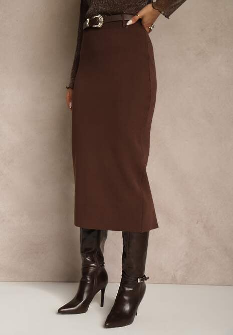 Brązowa Spódnica o Ołówkowym Kroju z Wiskozą z Paskiem i Rozcięciem Saweda 4