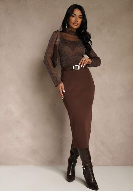 Brązowa Spódnica o Ołówkowym Kroju z Wiskozą z Paskiem i Rozcięciem Saweda