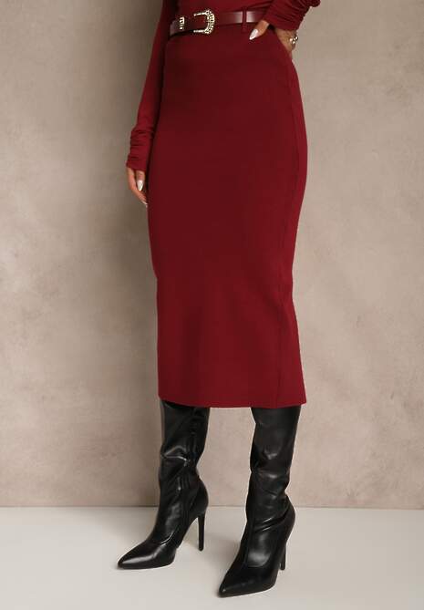Bordowa Spódnica o Ołówkowym Kroju z Wiskozą z Paskiem i Rozcięciem Saweda 4