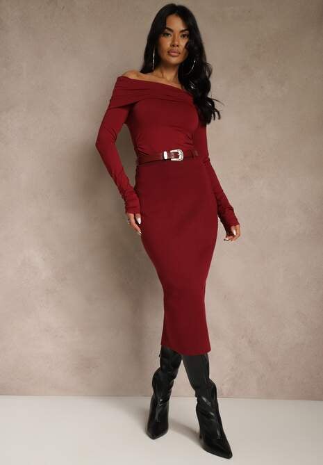 Bordowa Spódnica o Ołówkowym Kroju z Wiskozą z Paskiem i Rozcięciem Saweda