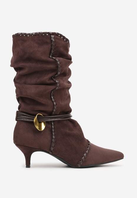 Brązowe Botki na Kaczuszce Slouchy Ozdobione Metaliczną Aplikacją i Sznurkiem Avodvire 4