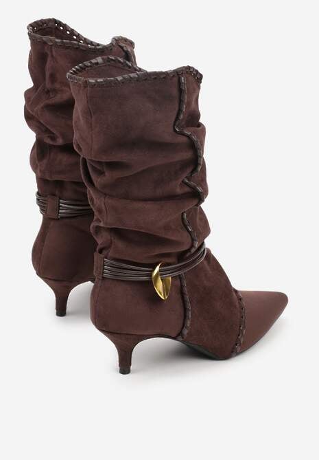 Brązowe Botki na Kaczuszce Slouchy Ozdobione Metaliczną Aplikacją i Sznurkiem Avodvire 6