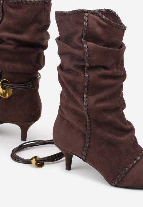Brązowe Botki na Kaczuszce Slouchy Ozdobione Metaliczną Aplikacją i Sznurkiem Avodvire 7