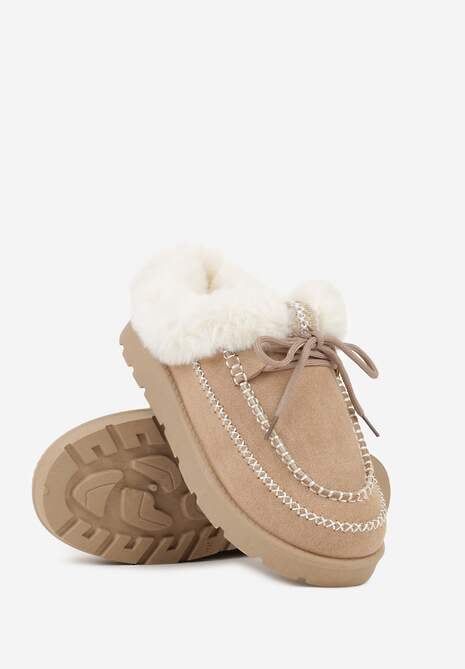 Ciemnobeżowe Śniegowce z Niską Cholewką Futerkiem i Ozdobnymi Przeszyciami Isaweda 5