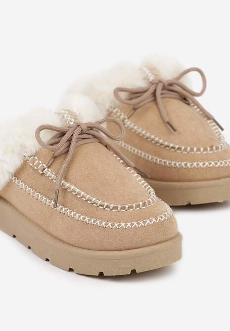 Ciemnobeżowe Śniegowce z Niską Cholewką Futerkiem i Ozdobnymi Przeszyciami Isaweda 6