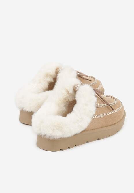 Ciemnobeżowe Śniegowce z Niską Cholewką Futerkiem i Ozdobnymi Przeszyciami Isaweda 7