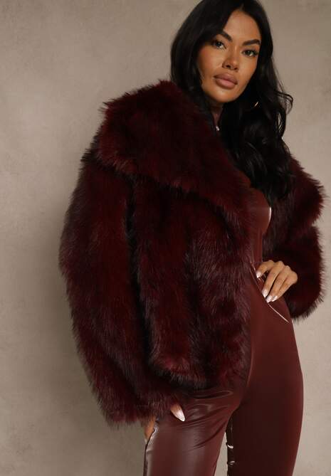 Bordowa Elegancka Kurtka Futerko z Kołnierzem Vertirida 4