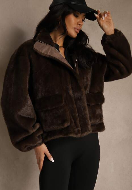 Brązowa Kurtka Futerko z Ozdobnymi Kieszeniami Vetiline 4