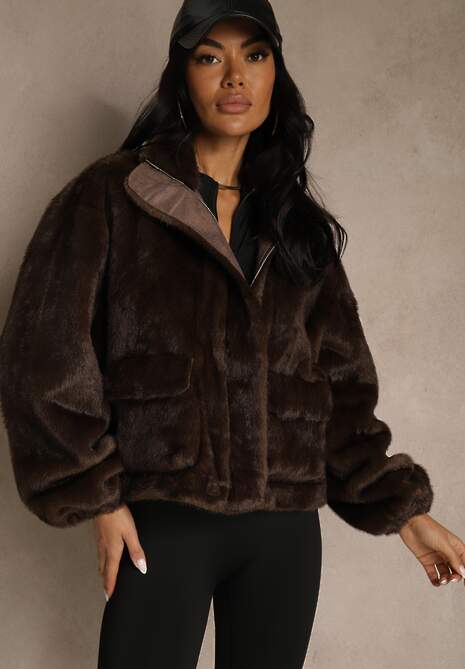 Brązowa Kurtka Futerko z Ozdobnymi Kieszeniami Vetiline