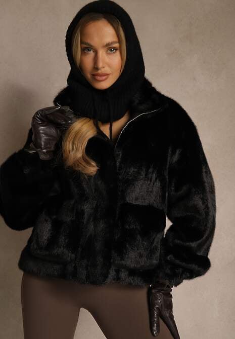 Czarna Kurtka Futerko z Ozdobnymi Kieszeniami Vetiline 4