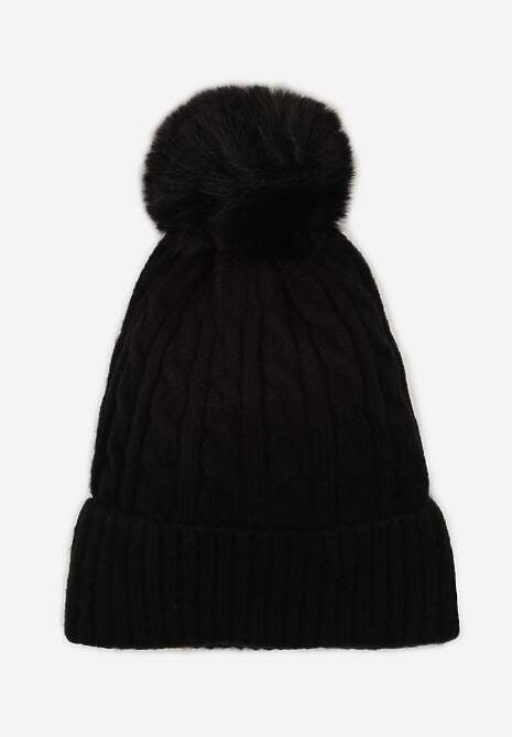 Czarna Czapka z Pomponem Zdobiona Warkoczowym Splotem Vetizare