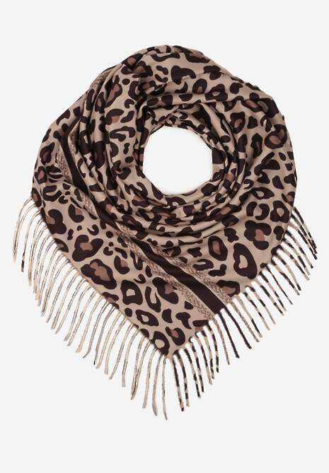 Brązowy Wiskozowy Szalik w Panterkę Wykończony Frędzlami Alefera