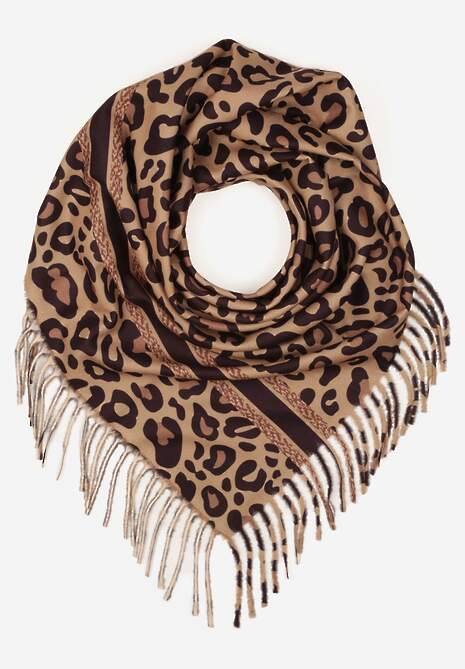 Ciemnobrązowy Wiskozowy Szalik w Panterkę Wykończony Frędzlami Alefera