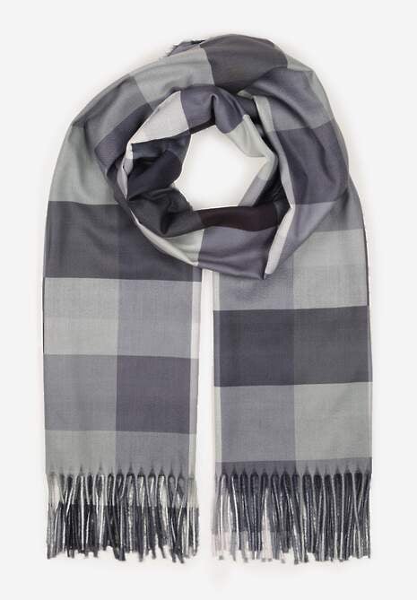 Czarny Wiskozowy Szalik z Frędzlami Zdobiony Wzorem w Kratę Etefera