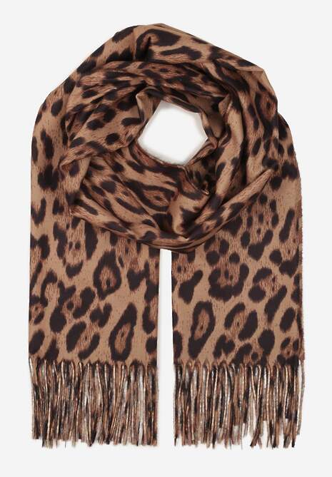 Brązowy Wiskozowy Szalik w Panterkę z Frędzlami Feriella