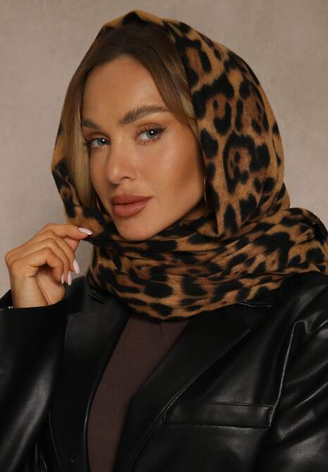 Brązowy Panterkowy Szalik z Wiskozy Zdobiony Frędzlami Ferialda