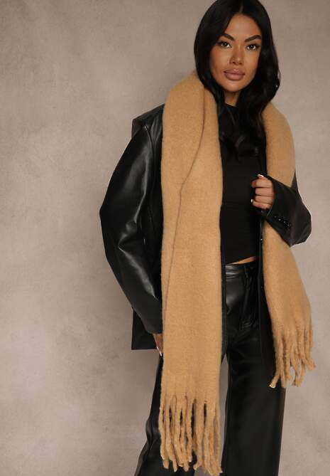 Brązowy Szalik Ozdobiony Frędzlami Owedela