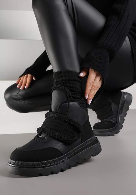 Czarne Śniegowce Ozdobione Futerkiem i Przeszyciami Newelara
