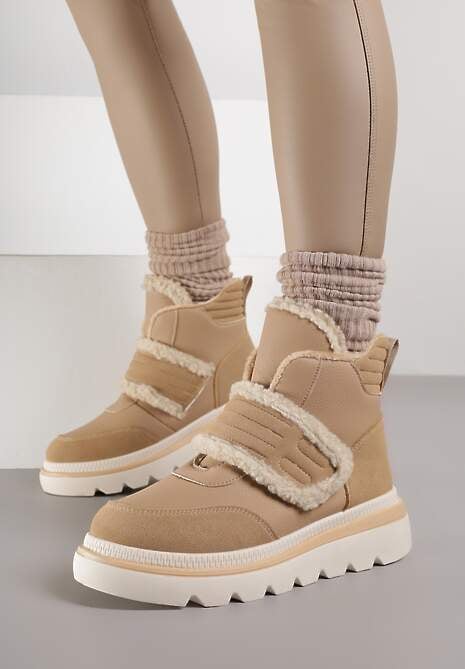 Ciemnobeżowe Śniegowce Ozdobione Futerkiem i Przeszyciami Newelara