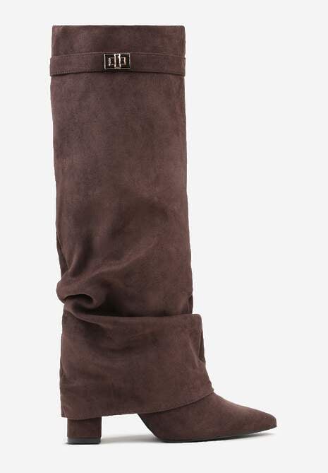 Brązowe Marszczone Kozaki na Słupkowym Obcasie z Wywiniętą Cholewką Runella 4