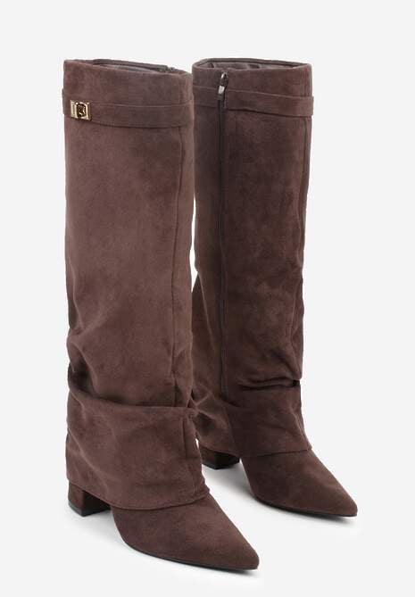 Brązowe Marszczone Kozaki na Słupkowym Obcasie z Wywiniętą Cholewką Runella 5