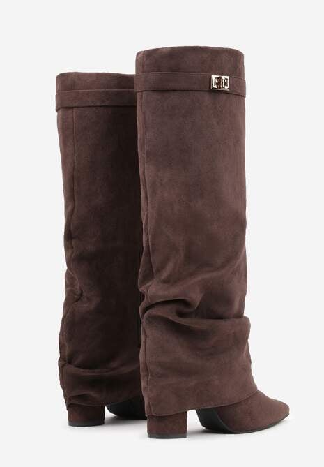 Brązowe Marszczone Kozaki na Słupkowym Obcasie z Wywiniętą Cholewką Runella 7