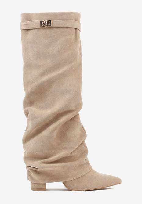 Ciemnobeżowe Marszczone Kozaki na Słupkowym Obcasie z Wywiniętą Cholewką Runella 4