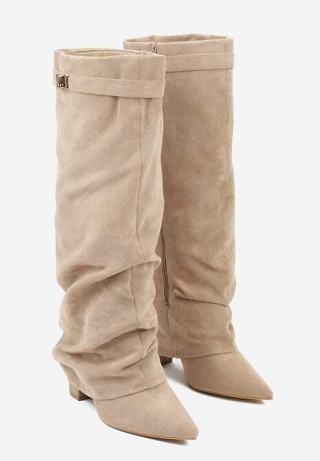 Ciemnobeżowe Marszczone Kozaki na Słupkowym Obcasie z Wywiniętą Cholewką Runella 5