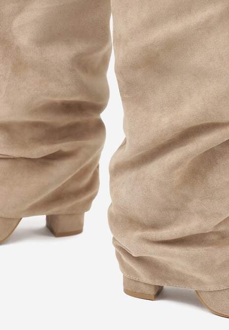 Ciemnobeżowe Marszczone Kozaki na Słupkowym Obcasie z Wywiniętą Cholewką Runella 6