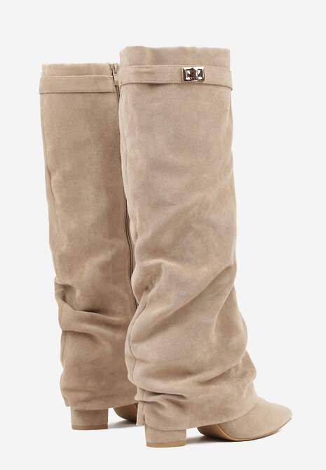 Ciemnobeżowe Marszczone Kozaki na Słupkowym Obcasie z Wywiniętą Cholewką Runella 7