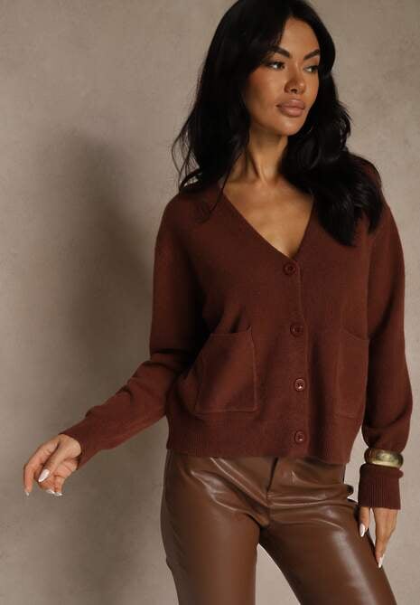 Brązowy Kardigan na Guziki z Domieszką Kaszmiru Vetiella 4