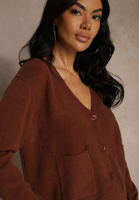 Brązowy Kardigan na Guziki z Domieszką Kaszmiru Vetiella 5