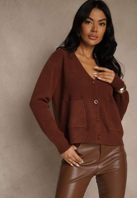 Brązowy Kardigan na Guziki z Domieszką Kaszmiru Vetiella
