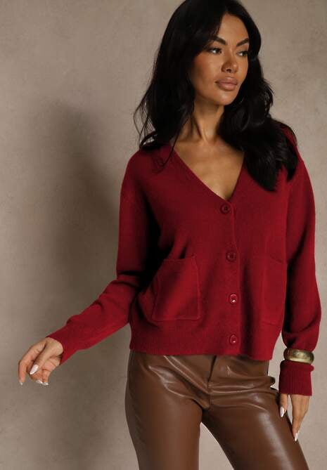 Bordowy Kardigan na Guziki z Domieszką Kaszmiru Vetiella 4