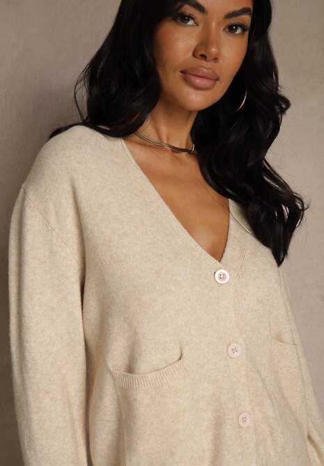 Beżowy Kardigan na Guziki z Domieszką Kaszmiru Vetiella 5