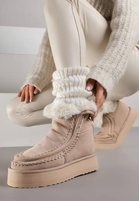 Beżowe Śniegowce Ozdobione Haftem Rawedena